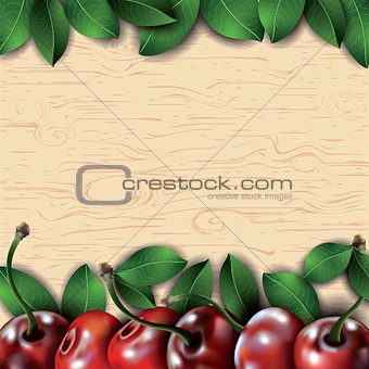 Many cherries and leaves on wooden background.