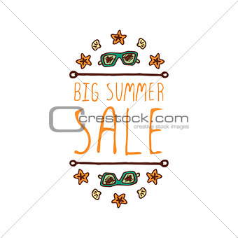 Hand-sketched typographic element with sunglasses, shell and starfish