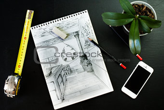 Sketch. Flat lay of Interior designer and architect working space with smartphone