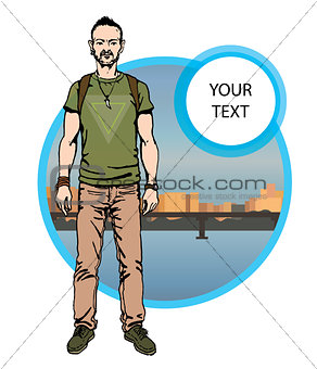 boy hipster character, vector illustration man on city background