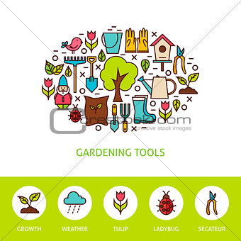 Gardening Tools Flat Outline Design Template with Icons
