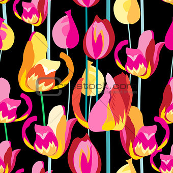 Seamless pattern with beautiful multi-colored tulips