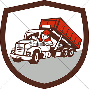 Roll-Off Bin Truck Driver Thumbs Up Shield Cartoon