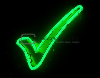 Neon check icon isolated on black background
