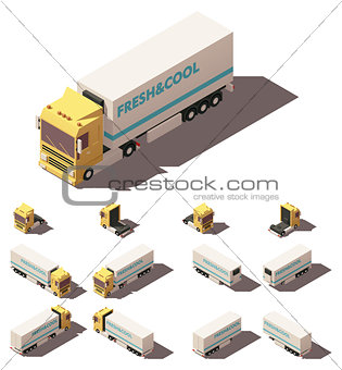 Vector isometric truck with insulated or refrigerated semi-trailer icon set