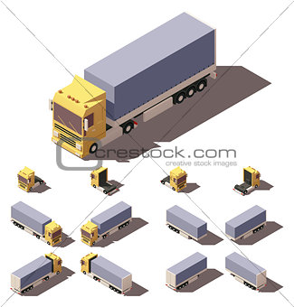 Vector isometric truck with tilt box semi-trailer icon set