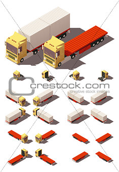 Vector isometric truck with container semi-trailer icon set