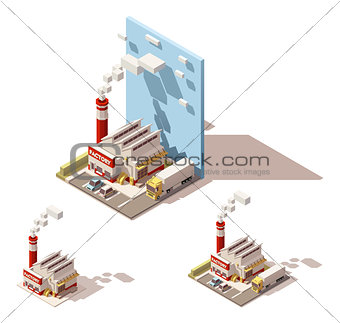 Vector isometric factory building with smoking pipe icon