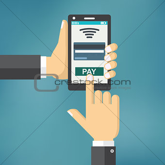 Hand holding phone with app for mobile paying.