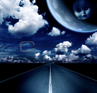 Night landscape with road, clouds and moon