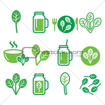 Spinach, healthy food - green smoothie icons set