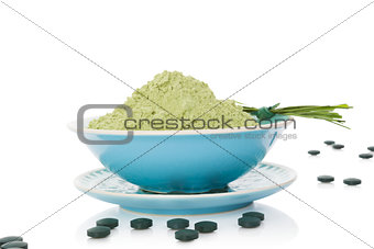 Spirulina, chlorella, barley and wheatgrass. Green supplement, s