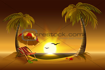 Evening beach. Sea, sun, palm trees and sand. Romantic summer vacation
