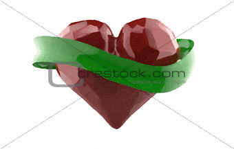 Flying 3d red chopped heart with green rubbon. Copyspace for text