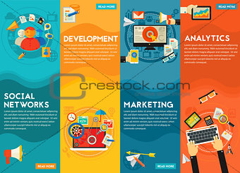 Flat concept banners. Social Marketing, Development, Analytics, SEO