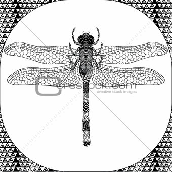 Coloring page of Balck Dragonfly, Zentangle Illustartion