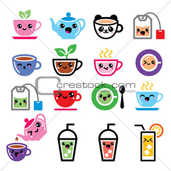 Kawaii tea, tea pot, ice tea cute characters