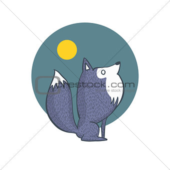 Gray Wolf and Full Moon Cartoon Character