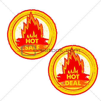 hot sale and deal on fire, yellow and red drawn round labels wit
