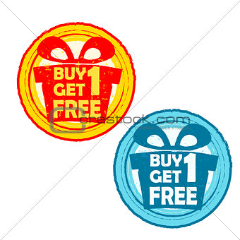buy one get one free with gift signs, yellow red and blue drawn 