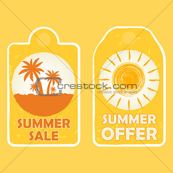 summer sale and offer with palms and sun signs, yellow drawn lab