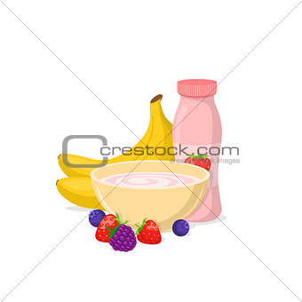 Yogurt and fruits.