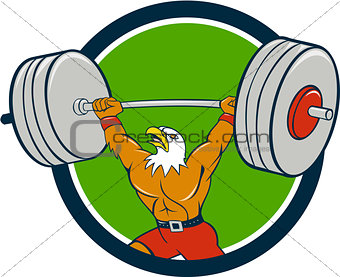Bald Eagle Weightlifter Lifting Barbell Circle Cartoon 