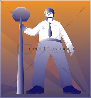 Policeman Standing With Stop Sign Retro