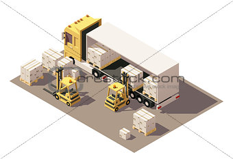Vector isometric forklift loading box semi-trailer truck with crates on pallets icon