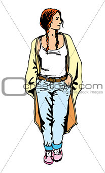 Beautiful young  women in a casual clothes Vector hand drawn illustration.