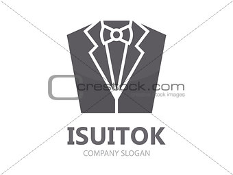 Vector tuxedo logo design. Jacket logo. Suit logo. Tuxedo with butterfly icon. Suit logo template. Suit  logotype. Suit shape. Suit icon.
