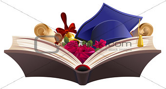 Education symbol. Book, diploma, bell, flowers and mortarboard