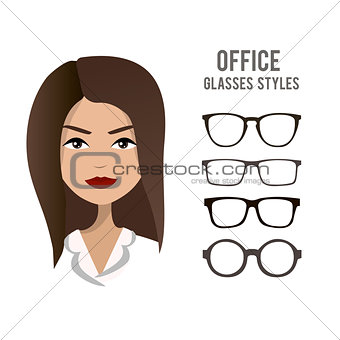 Office glasses styles vector template with an office woman character design