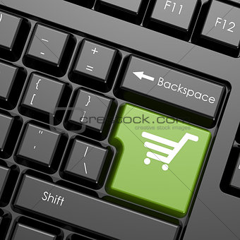 Green enter button with shopping cart on black keyboard, isolate