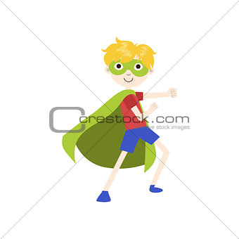 Boy In Superhero Costume With Green Cape