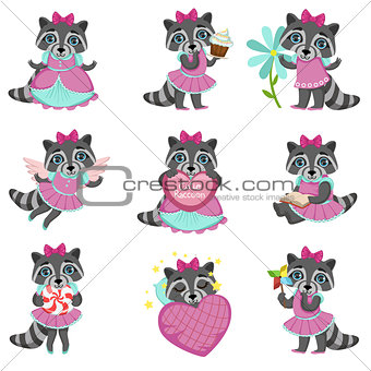 Cute Girl Raccoon Cartoon Set
