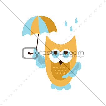 Owl With Umbrella Under Rain