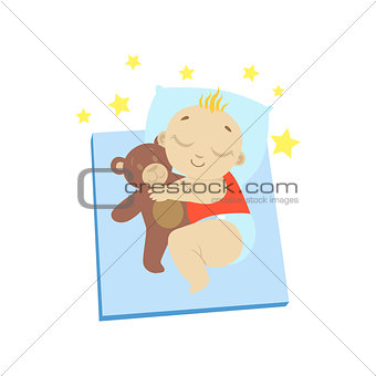Baby In Red Sleeping With Teddy Bear