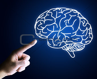 Human hand pointing with finger at brain icon