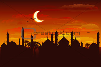 Moon in night sky over mosque. Ramadan Kareem background