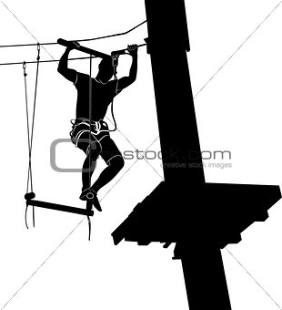 man on cables in an adventure park on a difficult course. park on a difficult course. Silhouette Adventure. adventure park. adventure park vector black silhouette isolated on white background