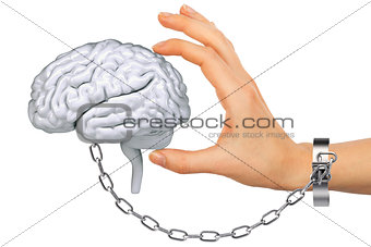 Chained hand holding human brain