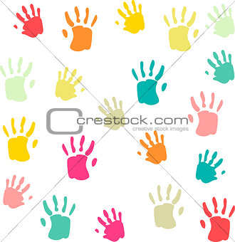 Cute and colorful baby palmprints pattern white background