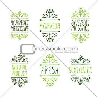 Hand-sketched typographic elements. Ayurveda product labels.