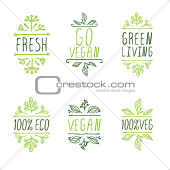 Hand-sketched typographic elements. Vegan product labels.