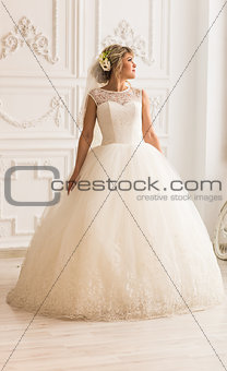 Portrait of beautiful bride. Wedding dress and decoration