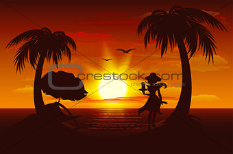 Evening sunset on sea. Sea, palm trees, silhouette of girl with drink