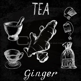 Ginger herbal tea. Chalk board set of vector elements