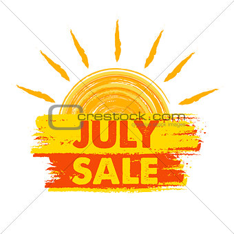 july sale with sun sign, yellow and orange drawn label 