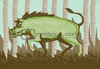 Razorback Wild Pig Boar Attacking Woodcut